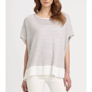 Eileen Fisher Sz S 100% Linen Gray White Striped Poncho Sweater Boxy Top Womens